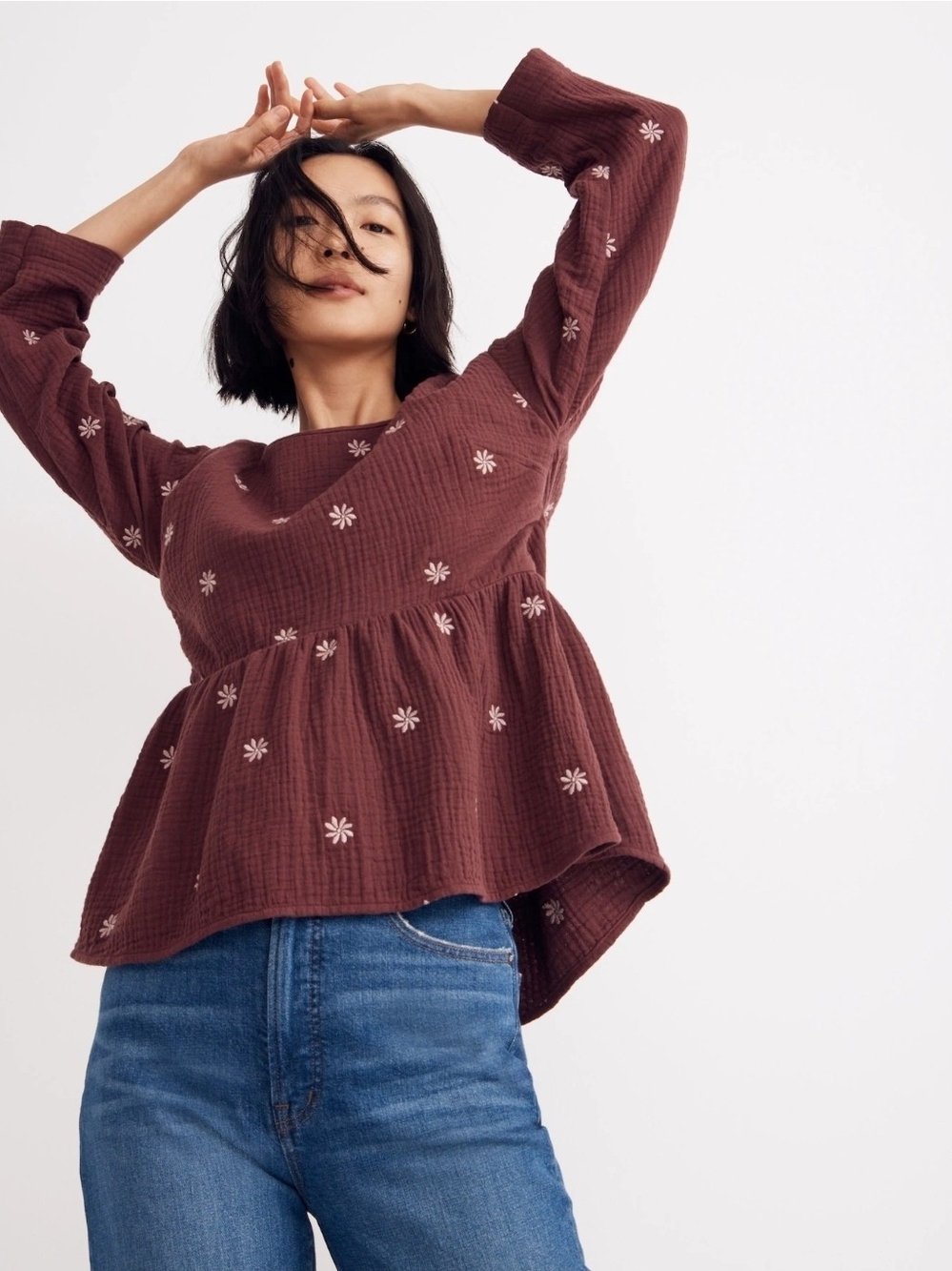 Madewell Embroidered Lightspun Peplum Open-Back Top